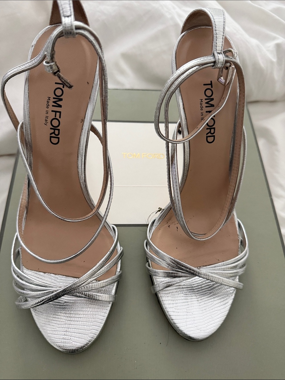 Tom Ford Metallic Silver Strappy Ankle-Tie Heels